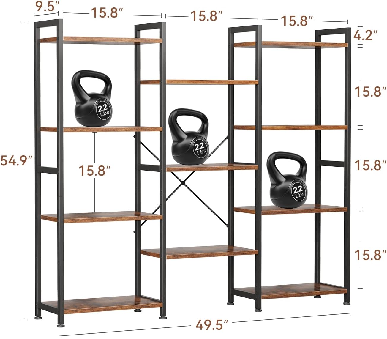 Casaottima Triple 4 Tier Bookshelf, Large Bookcase with 11 Open Display Shelves, Modern Industrial Book Shelves Book Case for Bedroom, Wide Standing Shelving Unit for Living Room Home Office, Vintage