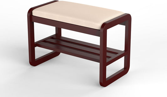 Solid Wood Shoe Rack, 2 Tier Shoe Storage Bench with Cushion Seat, 6 Pair Shoe Organizer for Entryway, Small, Walnut, 24 Inch