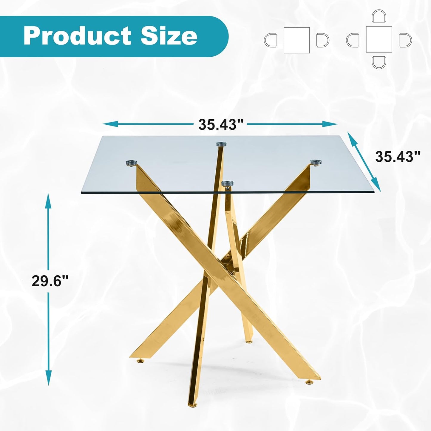 Dining Table for 4 Modern 35.43" Rectangular Glass Dining Table Kitchen & Dining Room Tables with Metal Base for Dining Room and Apartment, Golden