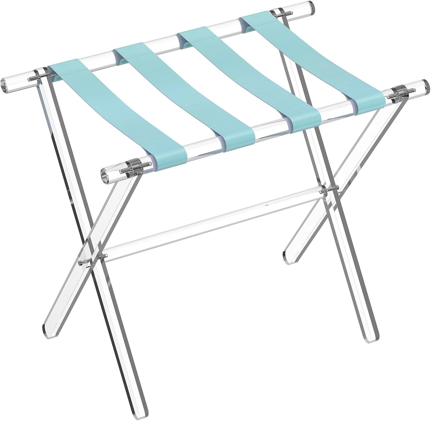 Sumerflos Acrylic Luggage Rack for Guest Room - Foldable Suitcase Stand with Leather Straps for Bedroom Living Room Hotel Heavy-Duty, Holds up to 50-100 lb lightweight Space Saving (Blue & Handle - 1 Pcs)