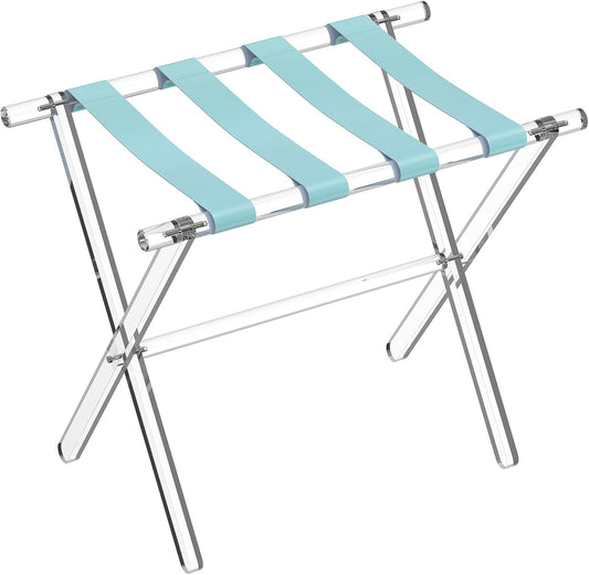 Sumerflos Acrylic Luggage Rack for Guest Room - Foldable Suitcase Stand with Leather Straps for Bedroom Living Room Hotel Heavy-Duty, Holds up to 50-100 lb lightweight Space Saving (Blue & Handle - 1 Pcs)