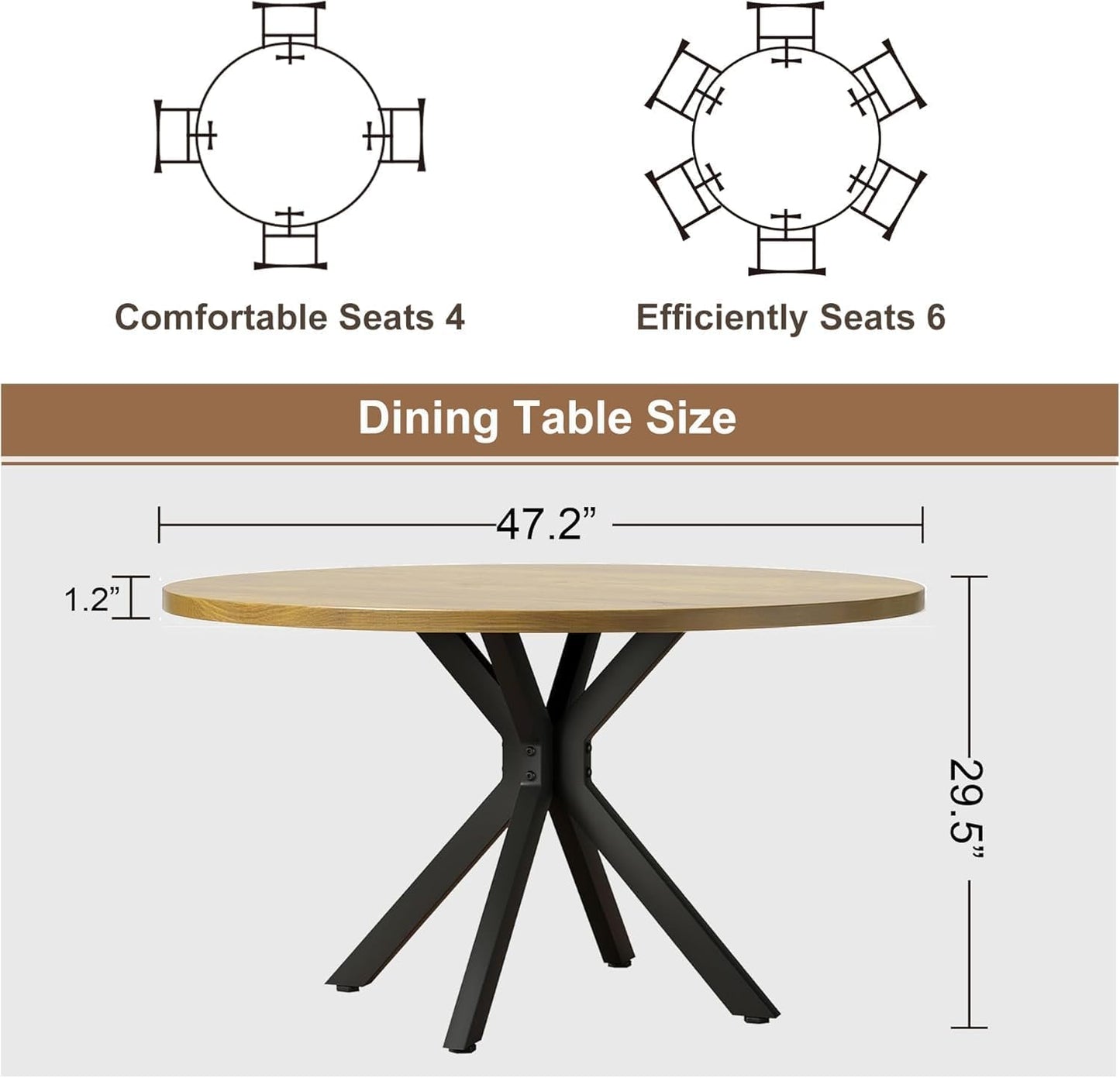 47 Inch Round Dining Table for 4, Modern Round Dinner Table Small Mid Century Dining Room Tables, Leisure Kitchen Tables for Small Space, Kitchen, Living Room, Steel Legs, Black & Natural