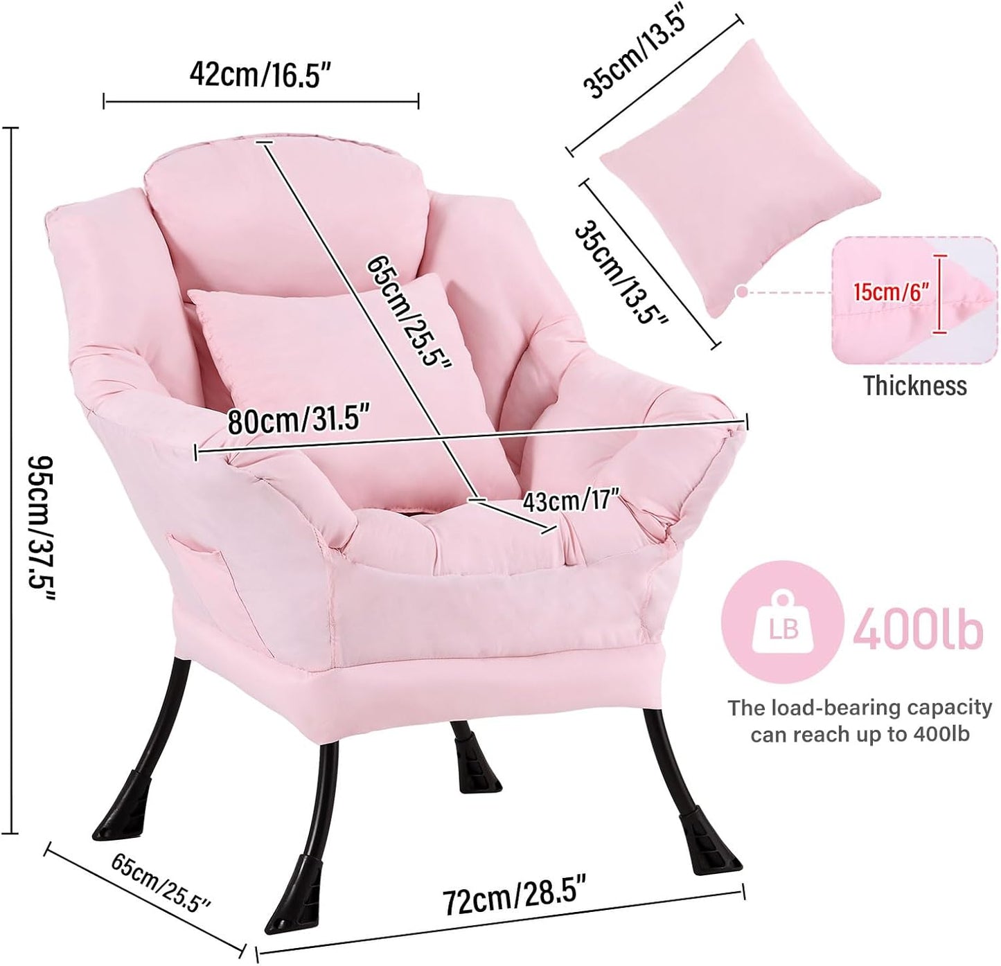 Lazy Chair with Pillow for Living Room, Modern Lounge Accent Chair with Armrests and a Throw Pillow, Leisure Sofa Chair Set, Reading Chair for Bedroom, Dorm Room, Office, Pink