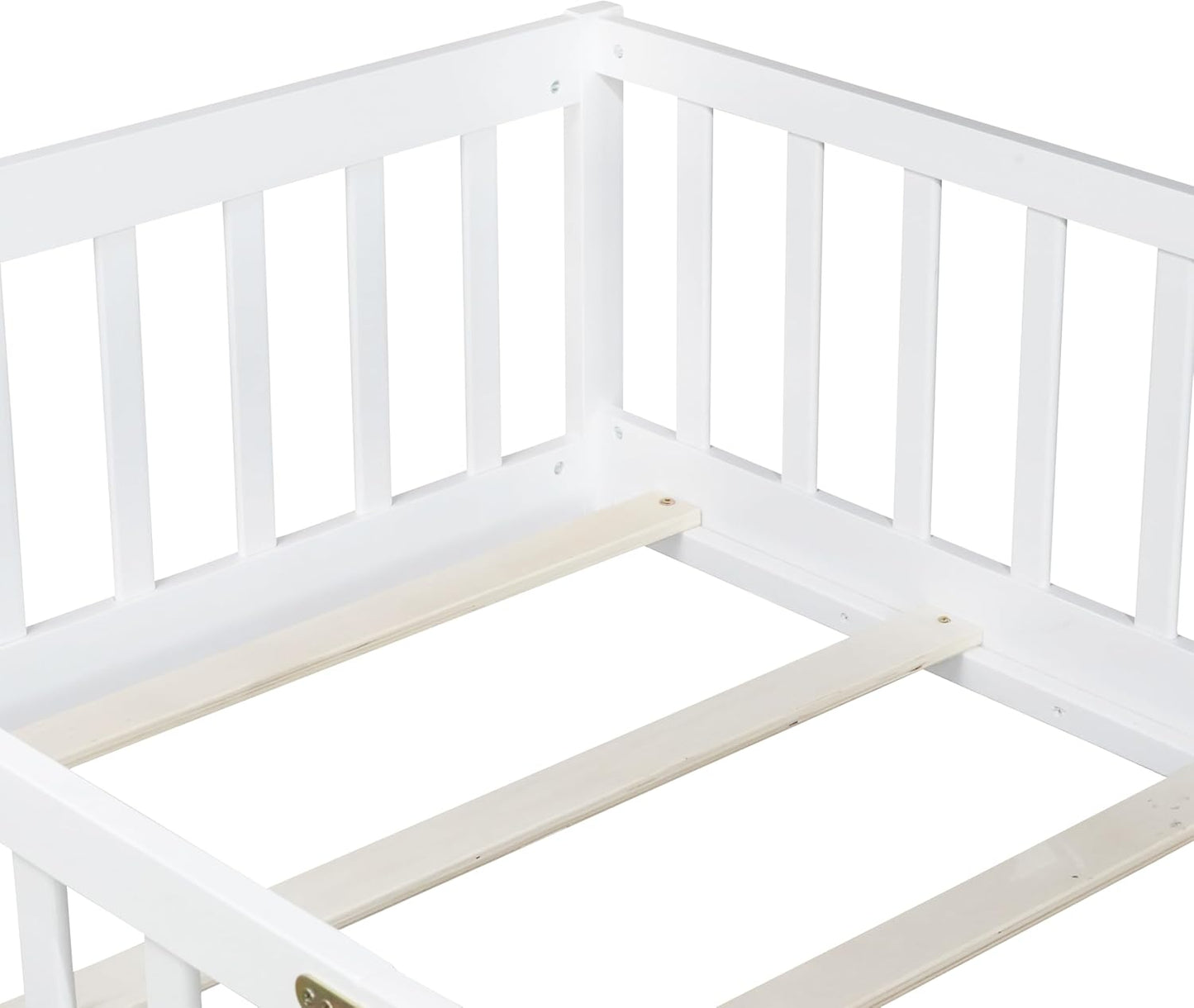 Twin Floor Bed with Slats and Center Support Bar, Wood Montessori Floor Bed with Fence and Door, Kids Montessori Bed Twin Size, Twin Size Montessori Floor Bed for Kids, Girls, Boys(Twin White)