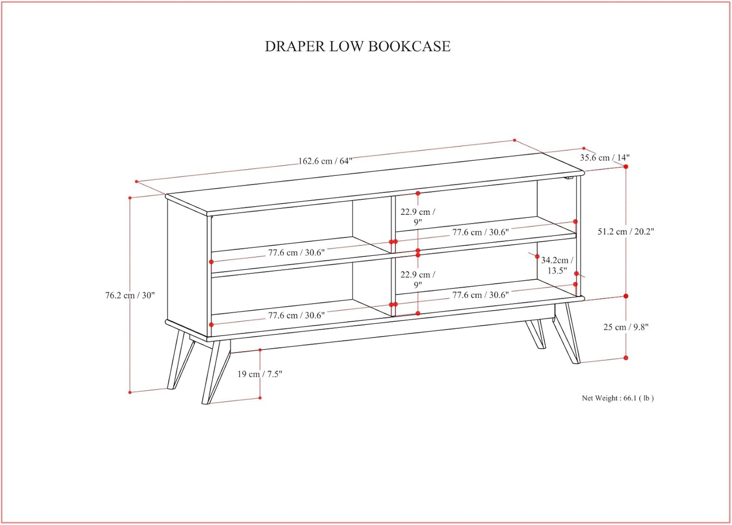 SIMPLIHOME Draper Bookcase - 30 inch Tall Solid Hardwood Low Bookshelf in Walnut Brown, Mid-Century Modern Storage for Living Room, Study Room or Office with Tapered Legs and Wide Open Shelves