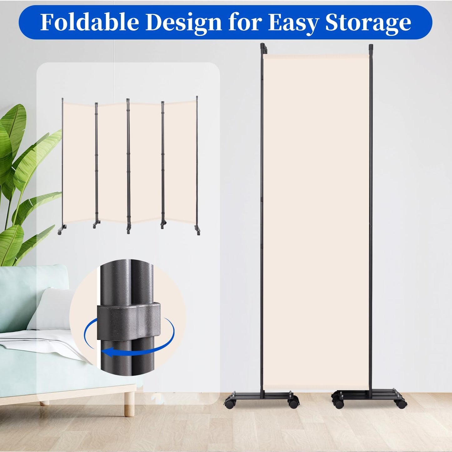 Room Divider 6FT Room Partition with Lockable Wheels, (Thicked Metal Base) Room Dividers, Freestanding Indoor Folding Privacy Screens, Portable Fabric Wall Divider for Separation, Beige