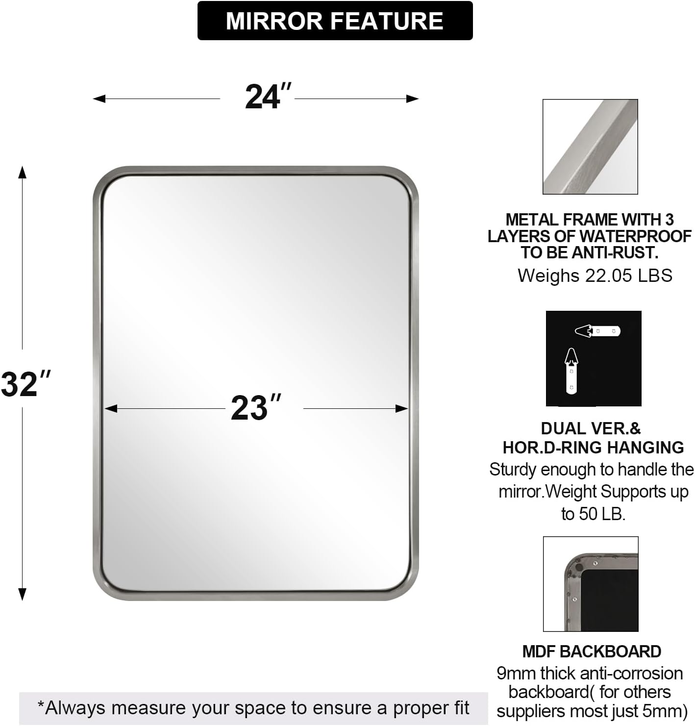 ANDY STAR 24x32 INCH Brushed Nickel Mirror, Rounded Rectangle Silver Metal Framed Mirrors for Bathroom Anti-Rust SUS304, Tube Metal Frame, 1’’ Deep Wall Mounted Vertically/Horizontal