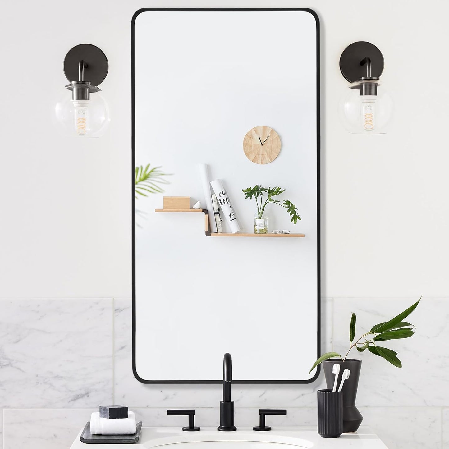 20x40 Inch Rectangle Bathroom Mirror with Black Metal Frame, Rounded Corner Rectangular Vanity Mirror for Wall, Modern Large for Bedroom, Living Room, Horizontal or Vertical