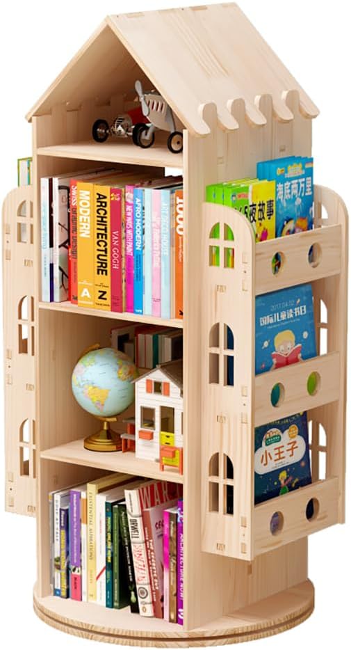 Rotating Bookshelf, 360 Display Floor Standing Bookcase Storage Rack, Wood Storage Organizer for Kids