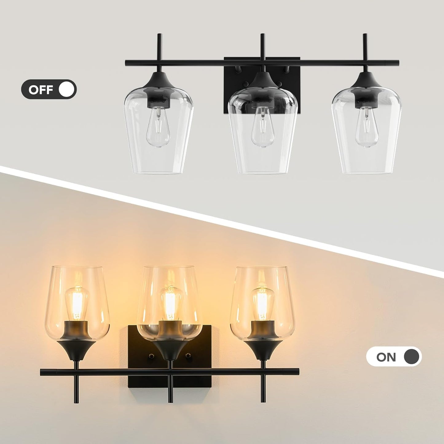 VONLUCE Bathroom Vanity Light, 3 Light Bathroom Light Fixture Over Mirror, Bathroom Wall Lamp with Clear Glass, Modern Black Vanity Lighting fixtures for Bathroom, Bedroom, Hallway