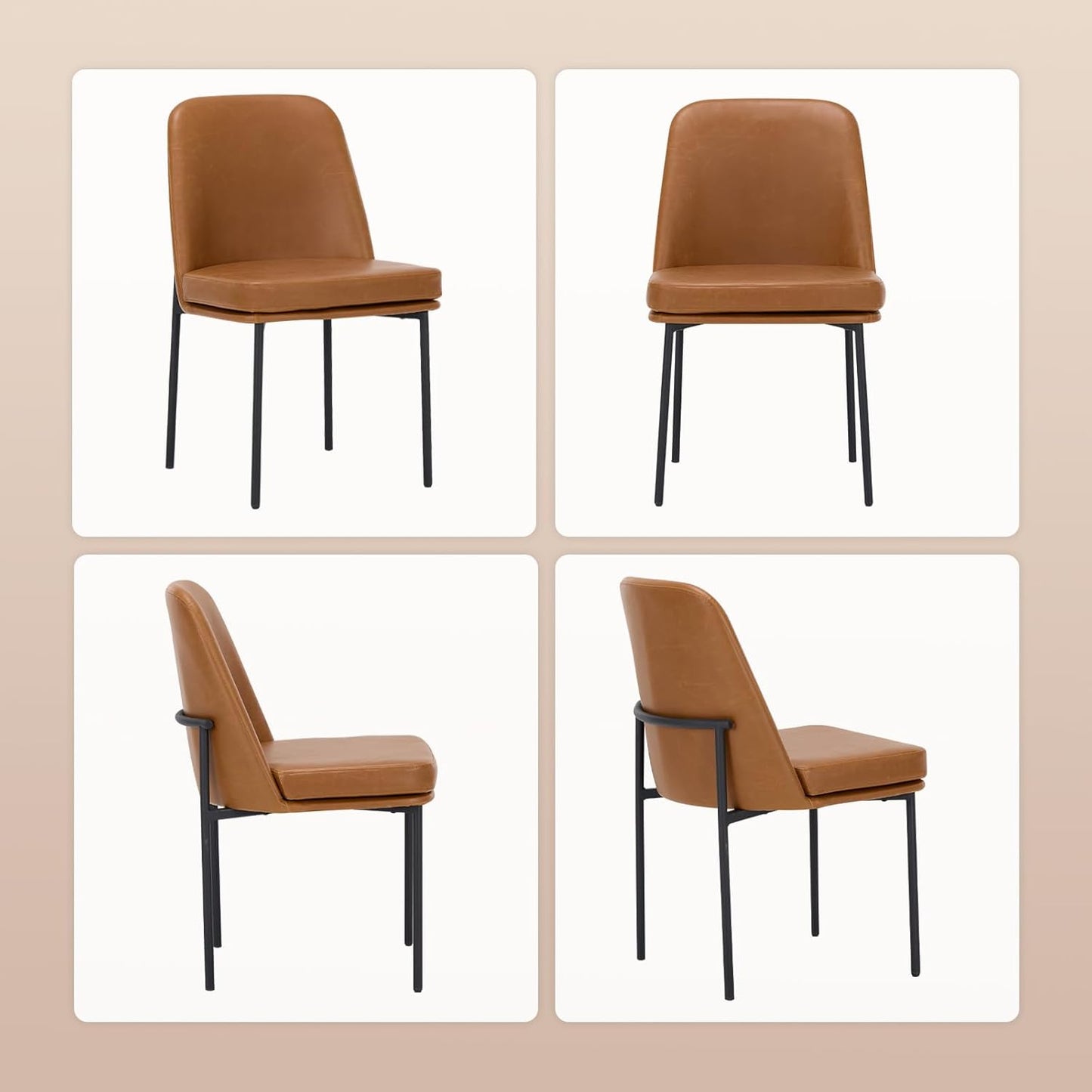 COLAMY Modern Dining Chairs Set of 2, Faux Leather Upholstered Dining Room Chairs Kitchen Chairs Dinner Chair with Curved Back and Metal Legs, Brown