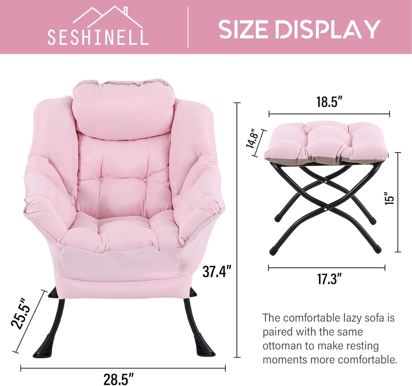 Lazy Chair with Ottoman, Modern Reading Lounge Accent Chair with Armrests and a Side Pocket, Leisure Upholstered Lazy Sofa Set with Footrest for Small Space, Pink