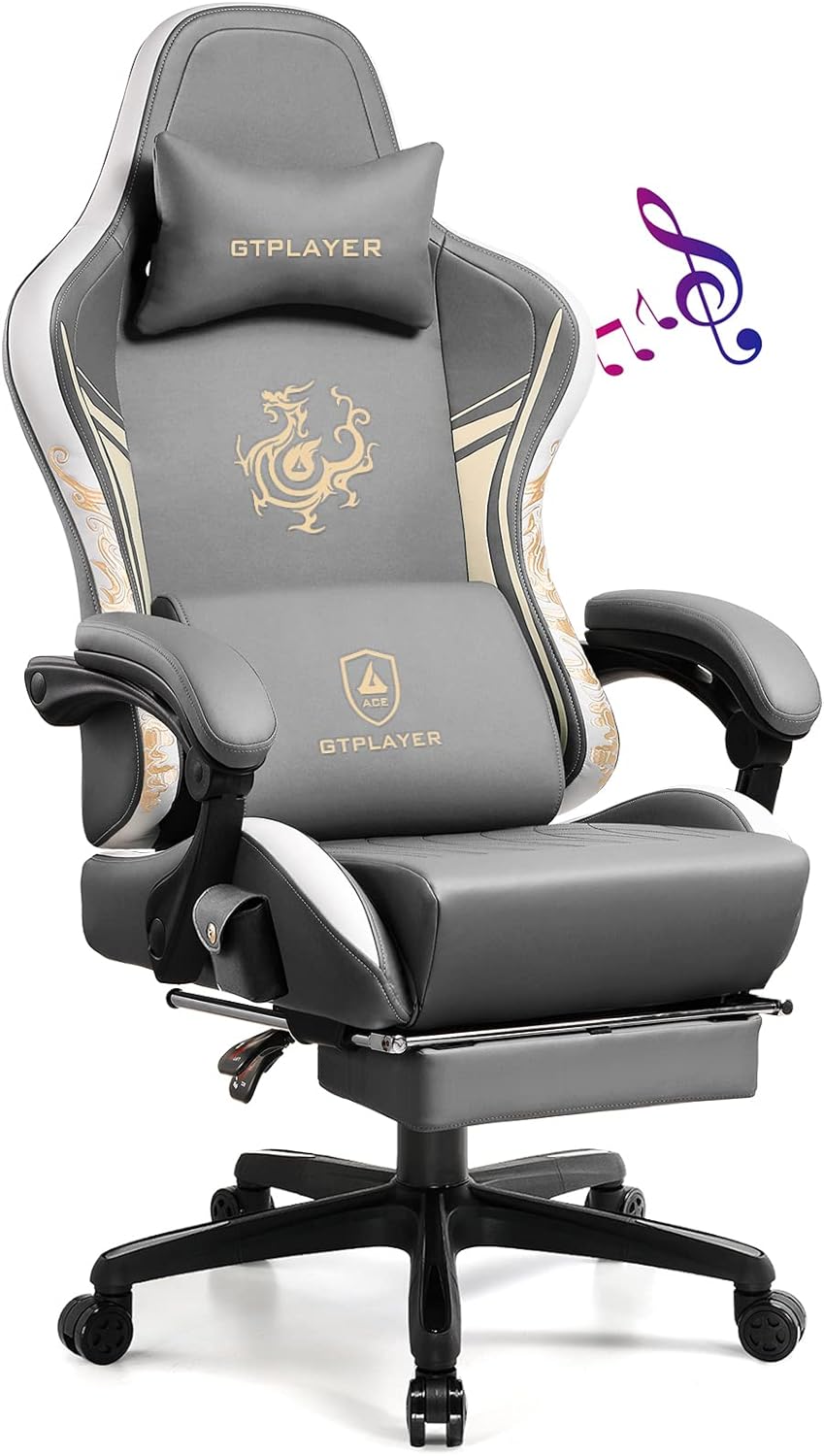 GTPLAYER Gaming Chair with Bluetooth Speakers and Footrest, Dragon Series Video Game Chairs, Heavy Duty Ergonomic Chairs, Esports Gaming Computer Office Chair (Gray)