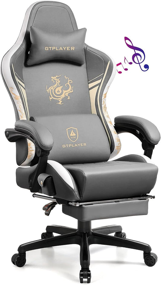 GTPLAYER Gaming Chair with Bluetooth Speakers and Footrest, Dragon Series Video Game Chairs, Heavy Duty Ergonomic Chairs, Esports Gaming Computer Office Chair (Gray)