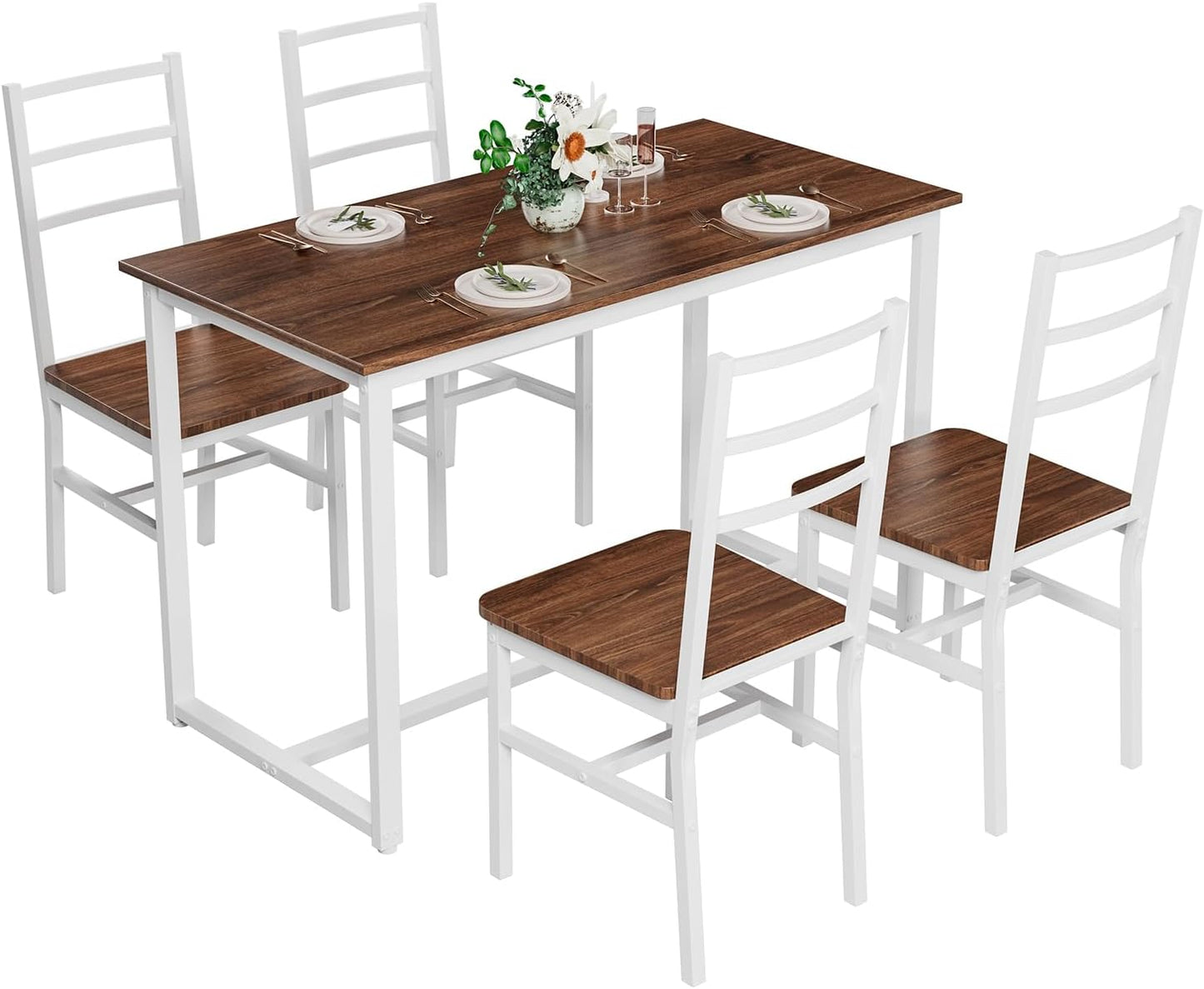 5-Piece Dining Table Set with 4 Chairs, 47.2" Kitchen Table Chairs Set of 4, Rectangular Industrial Style Dining Room Table Set with Backrest, Perfect for Small Space, Brown+White