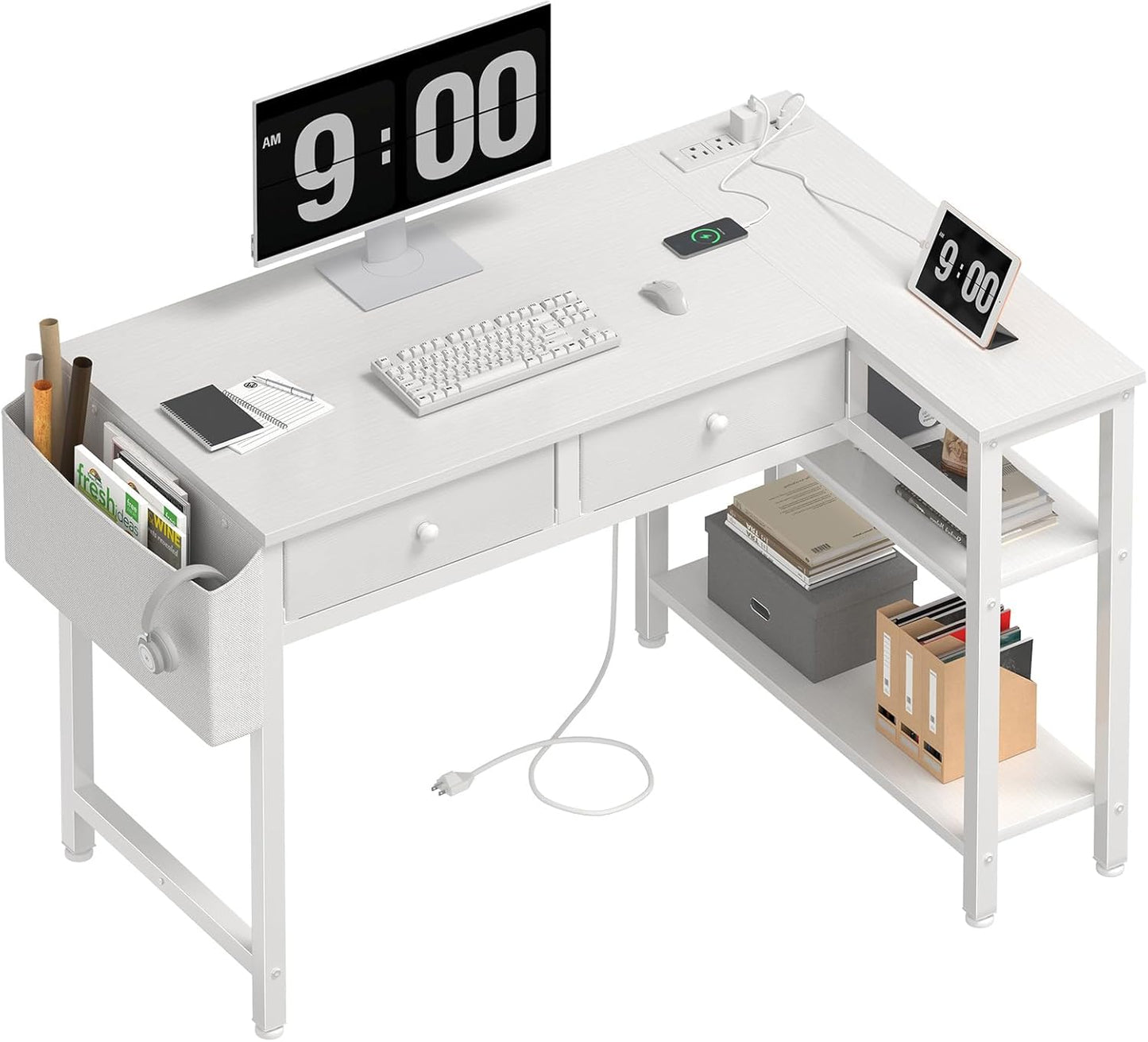 DLisiting Small White L Shaped Desk with Drawers & Storage Shelves, 40 Inch Corner Desk with Power Outlet for Small Space Home Office, Study Work PC Desks for Bedroom