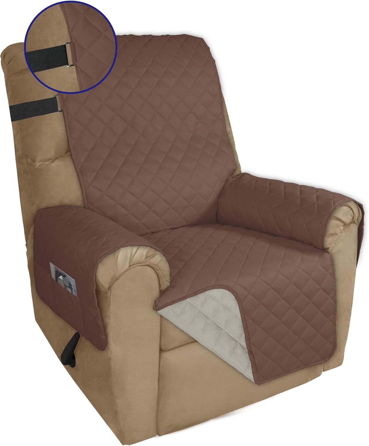 PureFit Reversible Sofa Cover Water Resistant Recliner Couch Cover, Machine Washable Furniture Cover with Adjustable Strap for Dogs, Pets (Recliner, Brown/Beige)