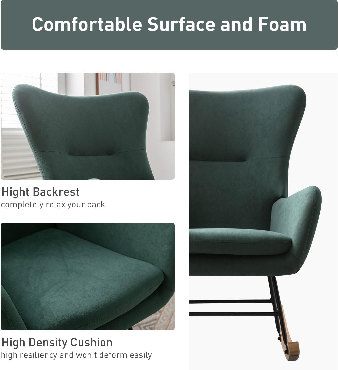 Phoenix Home Rocking Chair Nursery Velvet Upholstered Glider Rocker Rocking Accent Chair Padded Seat with High Backrest Armchair Comfy Side Chair for Living Room Bedroom Offices, Green