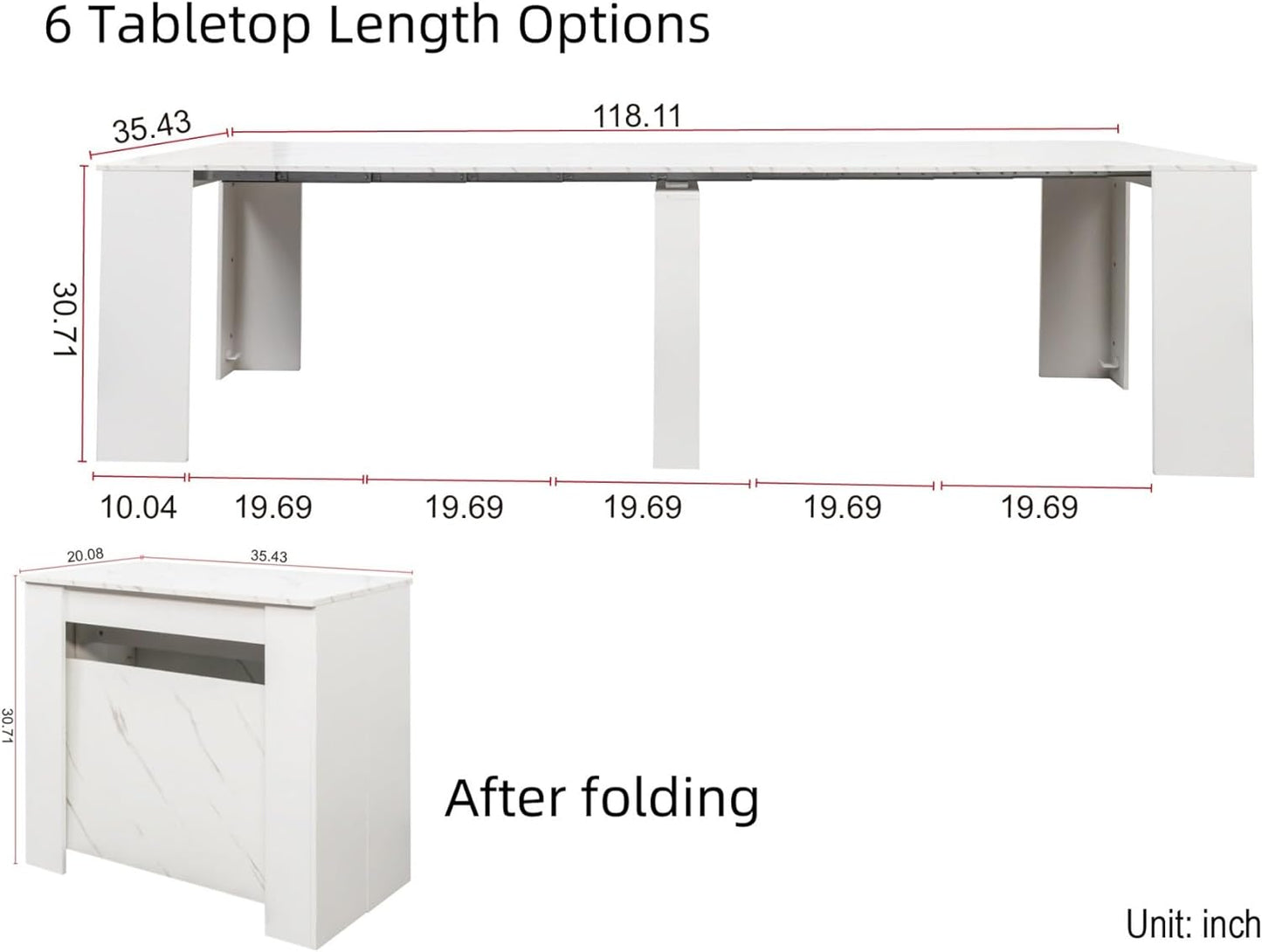 KEIKI 20”-118.5”L Extendable Foldable Dining Room Table for 1-10 People, Wood Modern Rustic Rectangle Expandable Kitchen Living Meeting Room Furniture, 6 Tabletop Length Options, Marble White