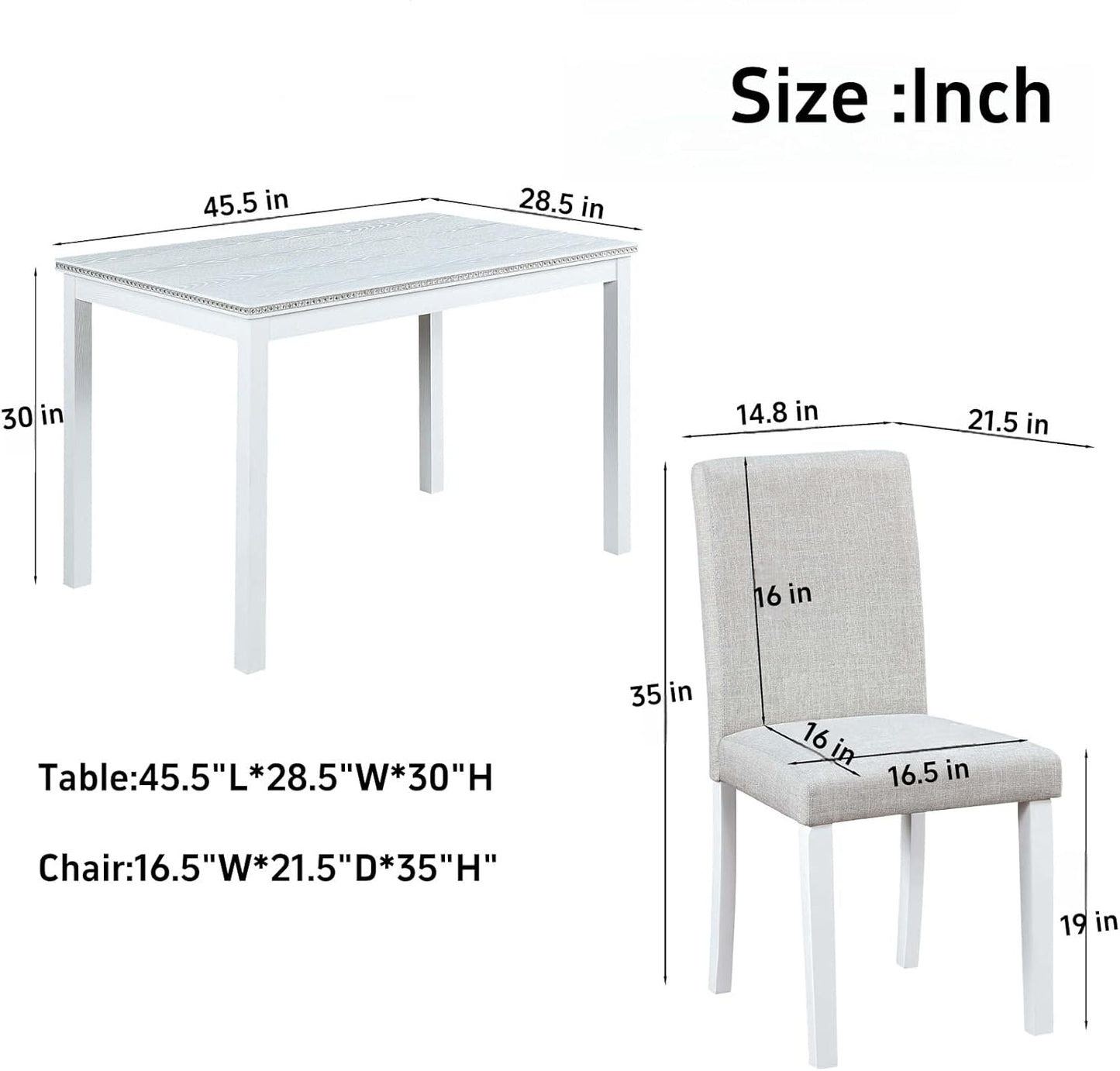 Dining Table Set, 5 Piece Counter Height Table Set with Rectangular Table and 4 Upholstered Chairs, Wooden Dinner Set with Crystal Decoration, Dining Chair with Footrest, Beige&White