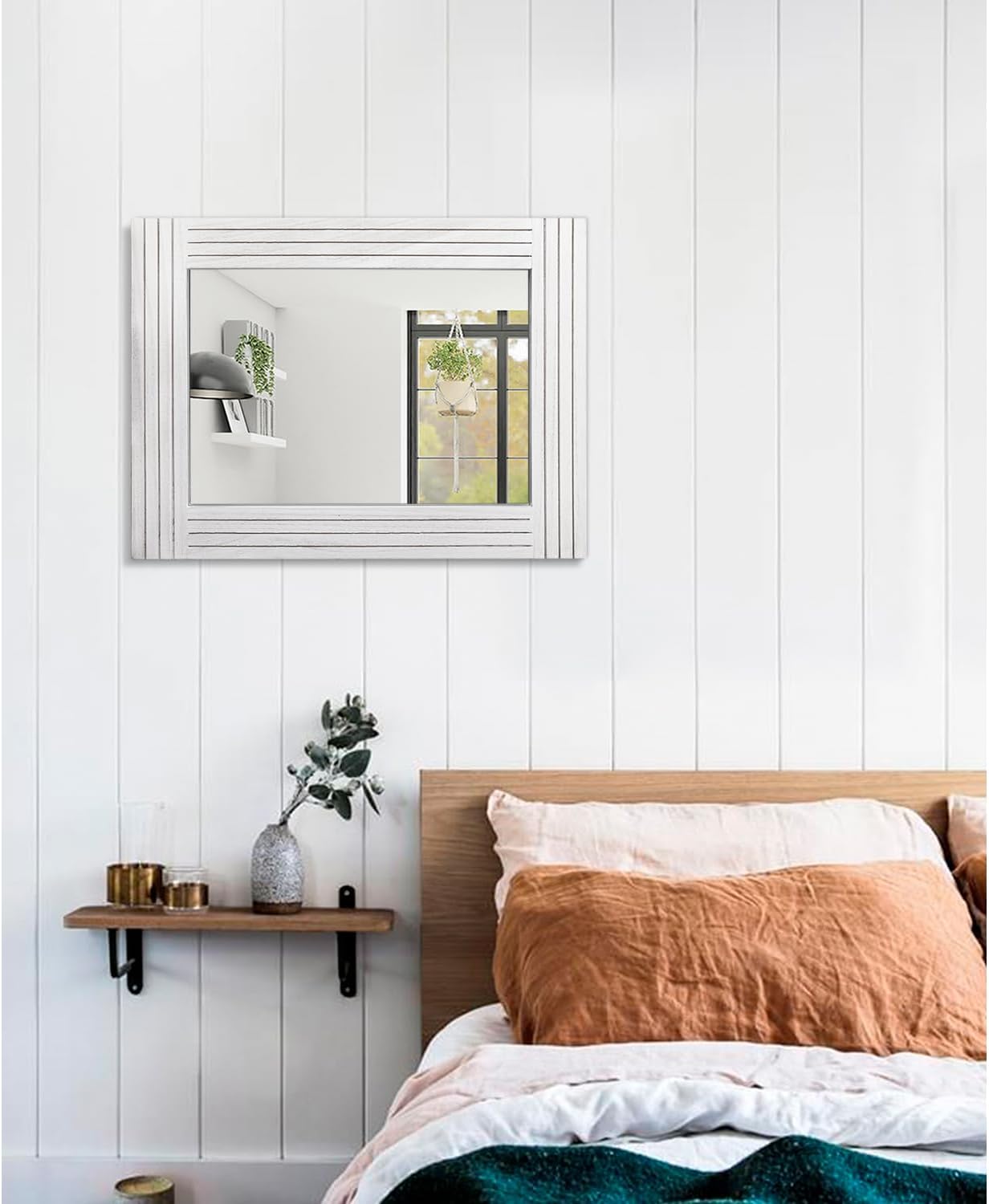 Rustic Mirror for Wall Wooden Frame Rectangular Antique Wall Mirror Decor Farmhouse Bedroom Dresser Bedroom Entryway Mirror Large White 20" x 16"