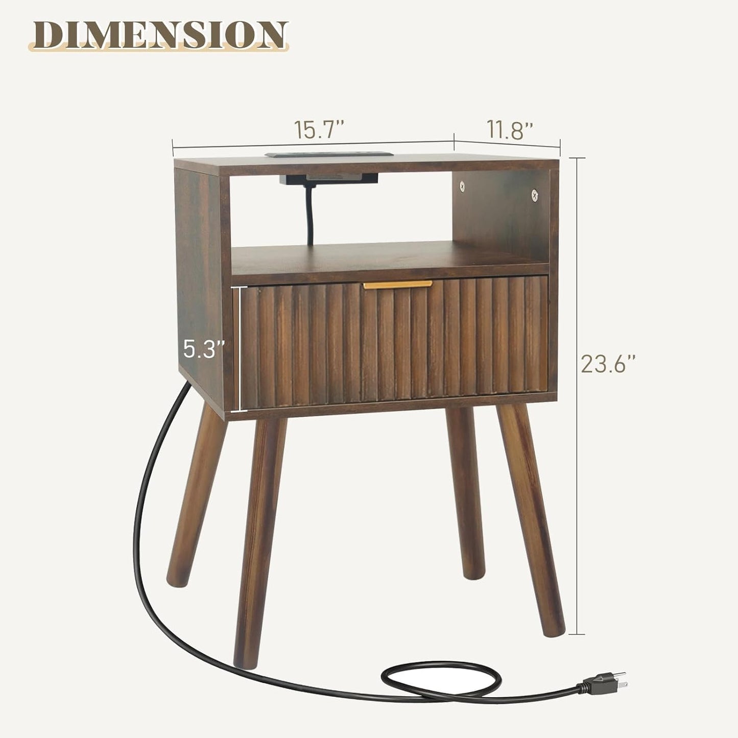 Mid Cetury Modern Nightstand with Charging Station, Fluted Bedside Table with Storage, Modern Side End Table with Solid Wood Legs for Bedroom, Dorm and Small Space (Rustic Brown)