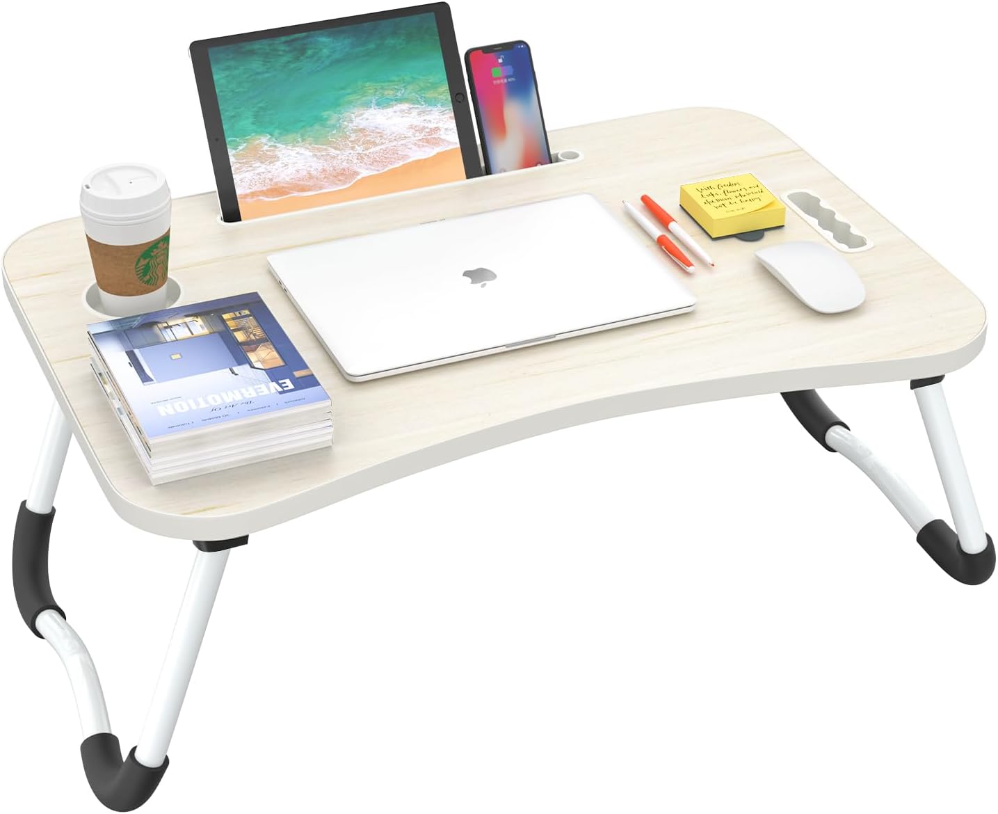 BUYIFY Folding Lap Desk, 23 Inch Portable Wood White Oak Laptop Bed Desk Lap Desk with Cup Holder, for Working Reading Writing, Eating, Watching Movies for Bed Sofa Couch Floor