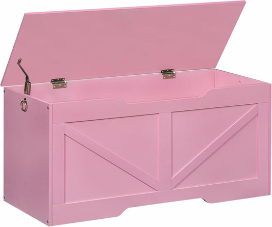 HOOBRO Storage Bench, 39.4" Retro Wooden Storage Chest with U-Shaped Cut-Out Pull, Safety Hinge, Supports 220 lb and Easy Assembly for Toy Box Organizer (Pink) PK771CW01