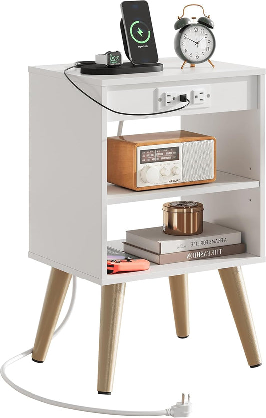 WLIVE White Nightstand, Bedside Tables, Night Stand with Charger Station, Side Table with Storage Shelf, End Table with USB Ports and Outlets for Bedroom, 15.12" D x 11.73" W x 23.74" H