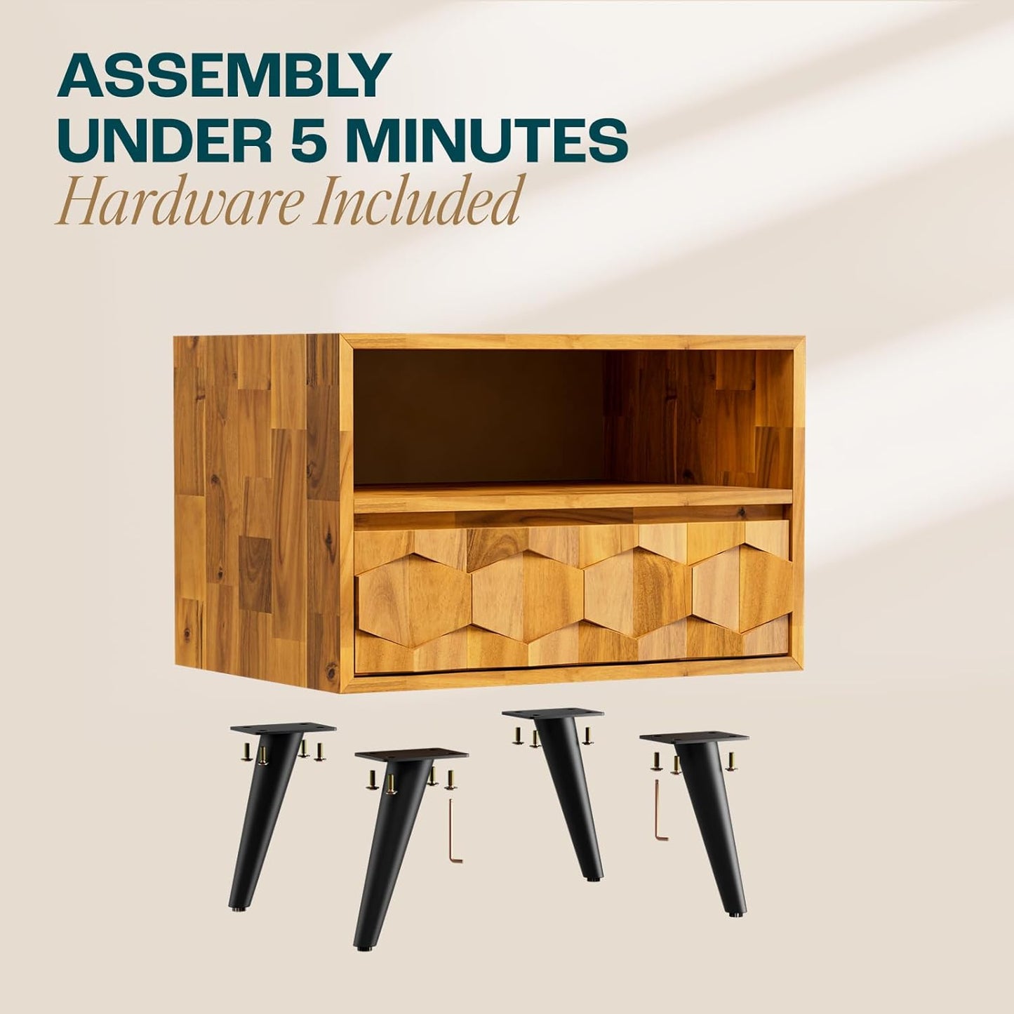 Bme Georgina Solid Wood Nightstand With 1 Drawer & Open Shelf- Fully Assembled Mid Century Modern Side Table - Geometric Pattern Bedside Dresser for Bedroom and Living Room