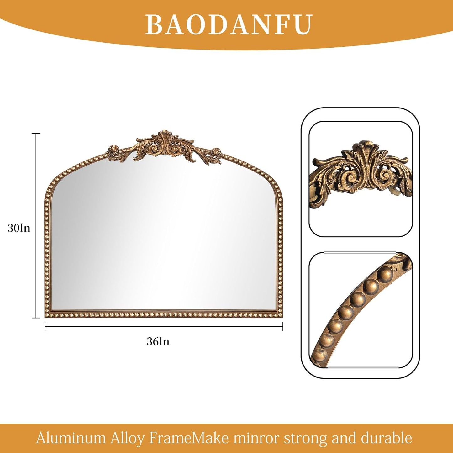 Baroque Arch Mirror for Living Room Wall, 36" X 30" Antique Gold Traditional Cathedral Ornate Beaded Arched Frame Decorative Vanity Mirrors for Mantel Fireplace, Bathroom, Bedroom Decor