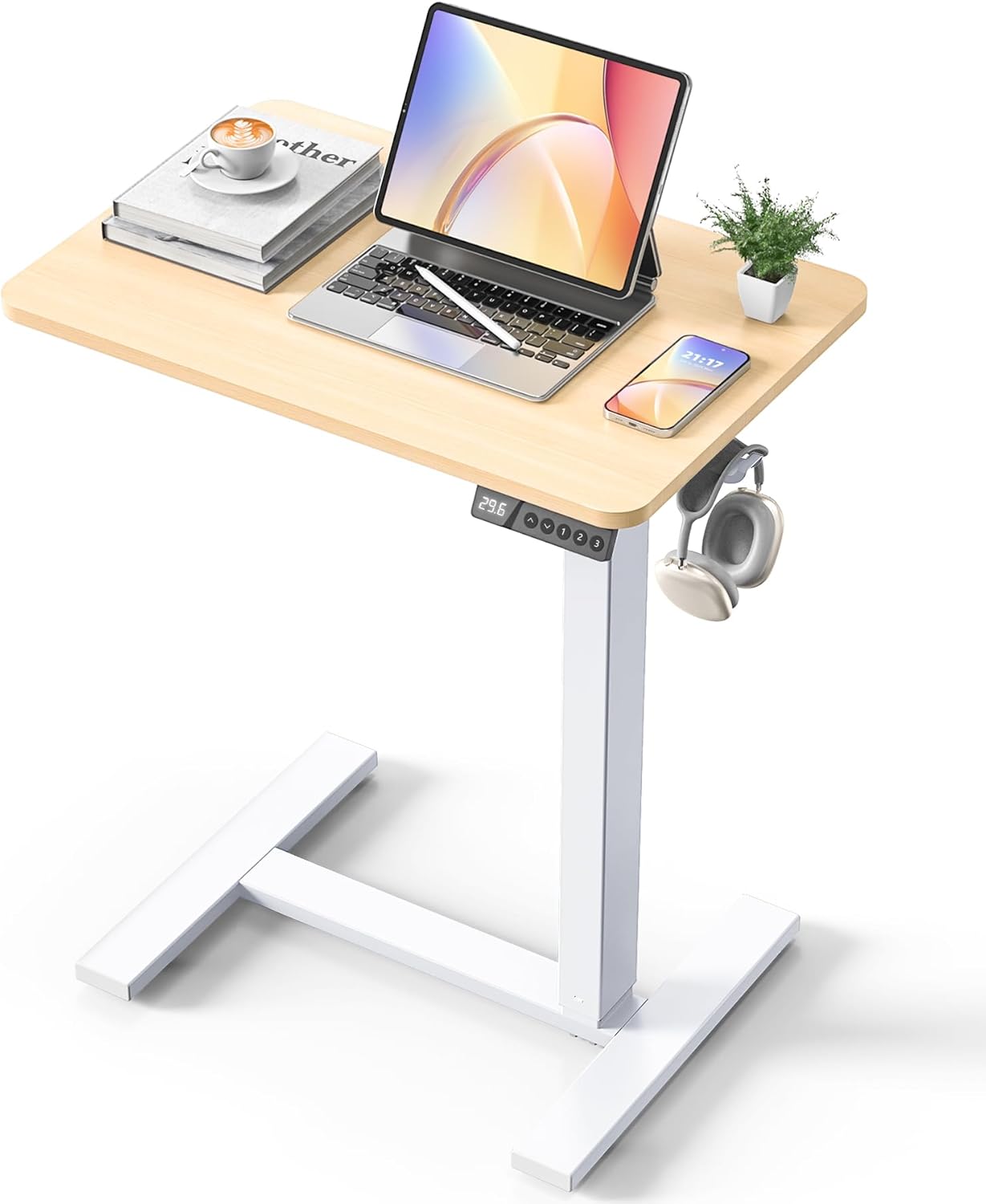 Electric Adjustable Height Standing Desk - Small Sit Stand Portable Rolling Laptop Table with Hidden Wheels, Small Computer Workstation for Bedside & Home Office Use (24"x16", Oak)