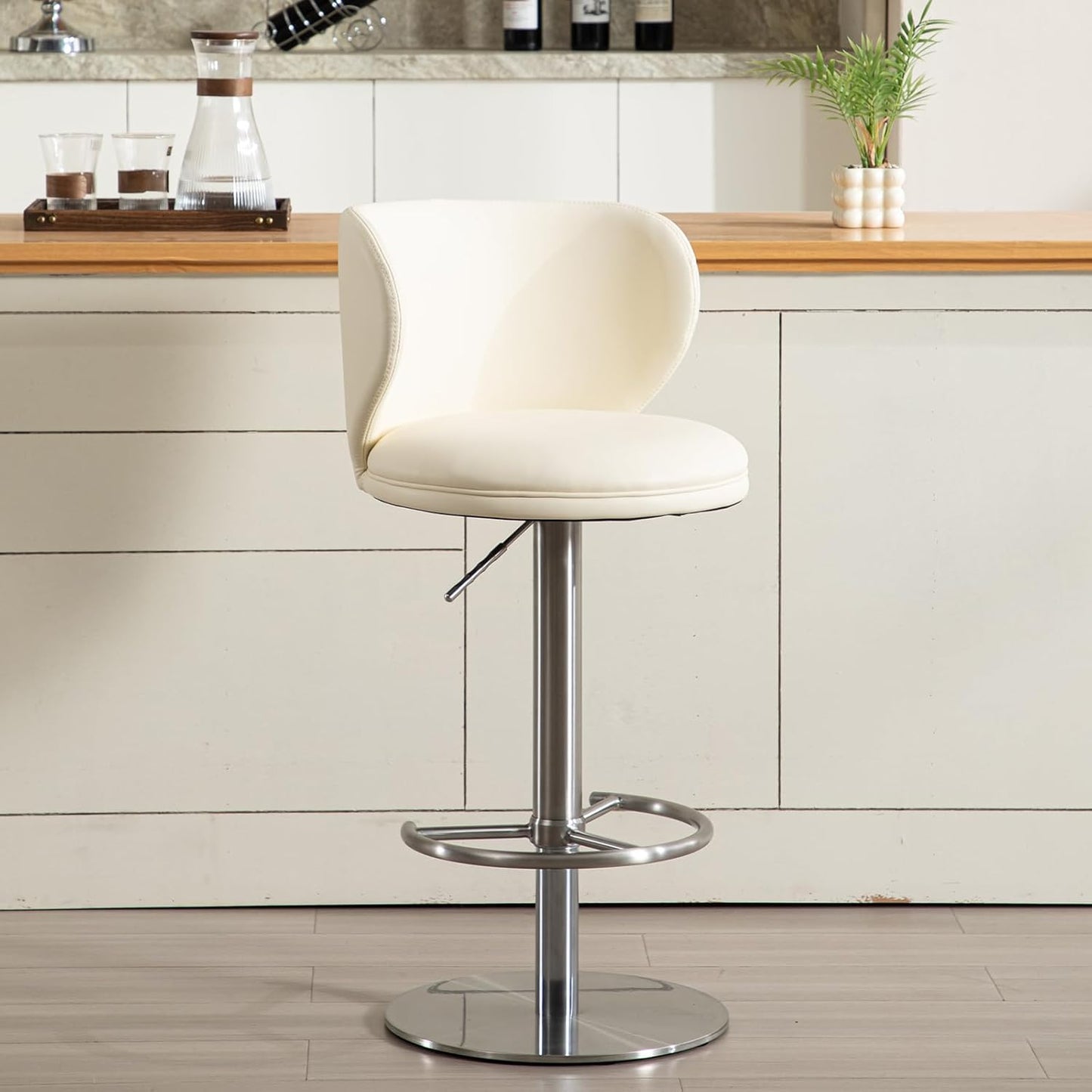RAINMOOD Bar Stools, Adjustable Swivel Barstools with Back and Footrest, Faux Leather Upholstered, Stainless Steel Base, for Kitchen Counter, Bar, Dining Room