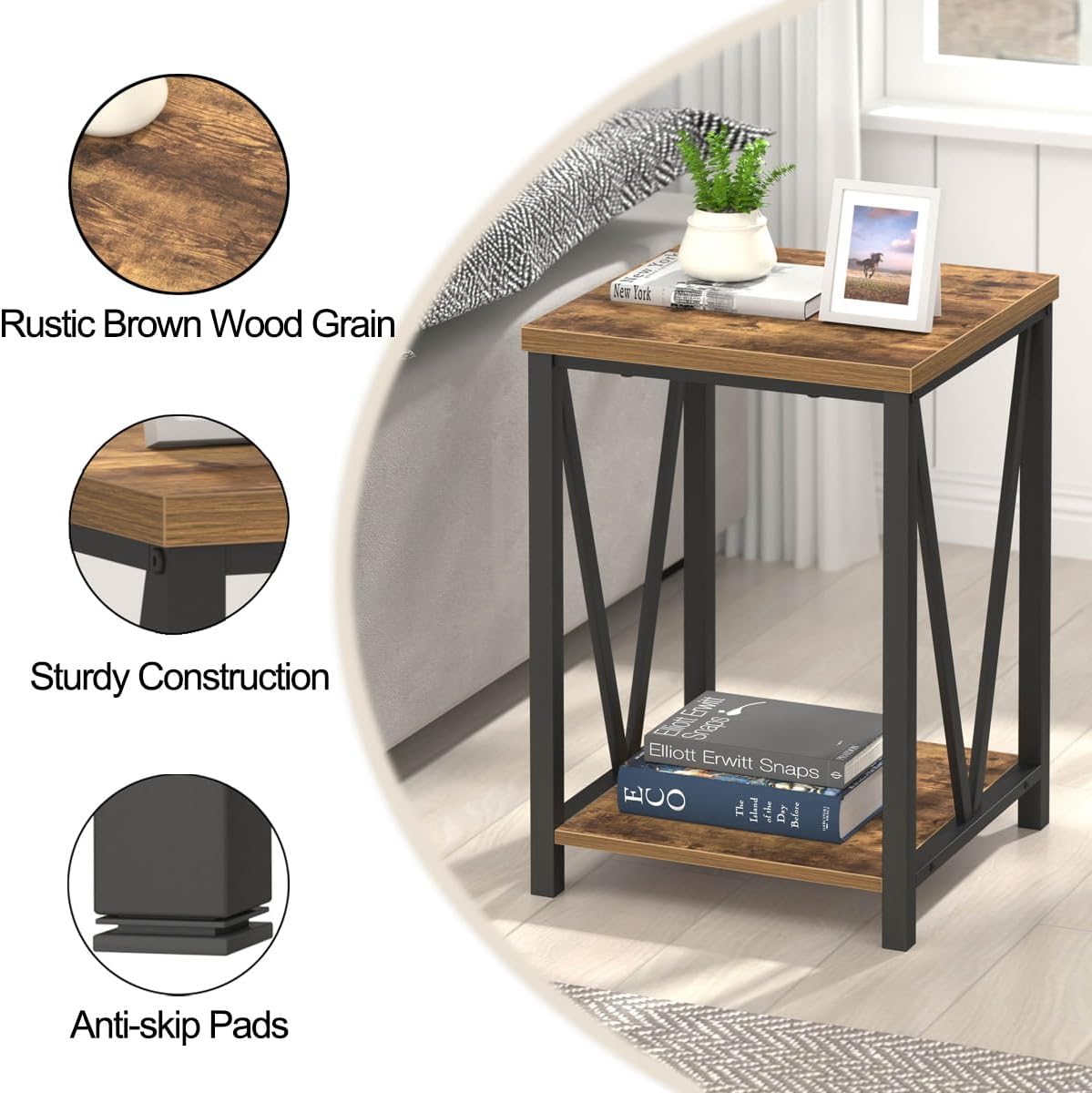 EXCEFUR End Table, Square Side Tables for Living Room, Industrial Metal and Wood Nightstand for Bedroom, Rustic Brown