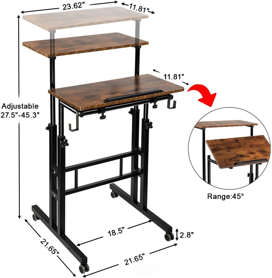 SIDUCAL Mobile Standing Desk, Portable Stand Up Desk, Small Adjustable Converter with Wheels Home Office Workstation, Rolling Laptop Cart for Sitting, Rustic Brown