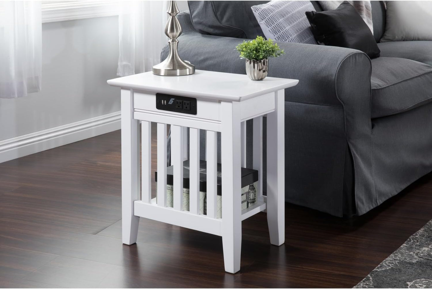 AFI, Mission Chair Side Table with Charging Station, White