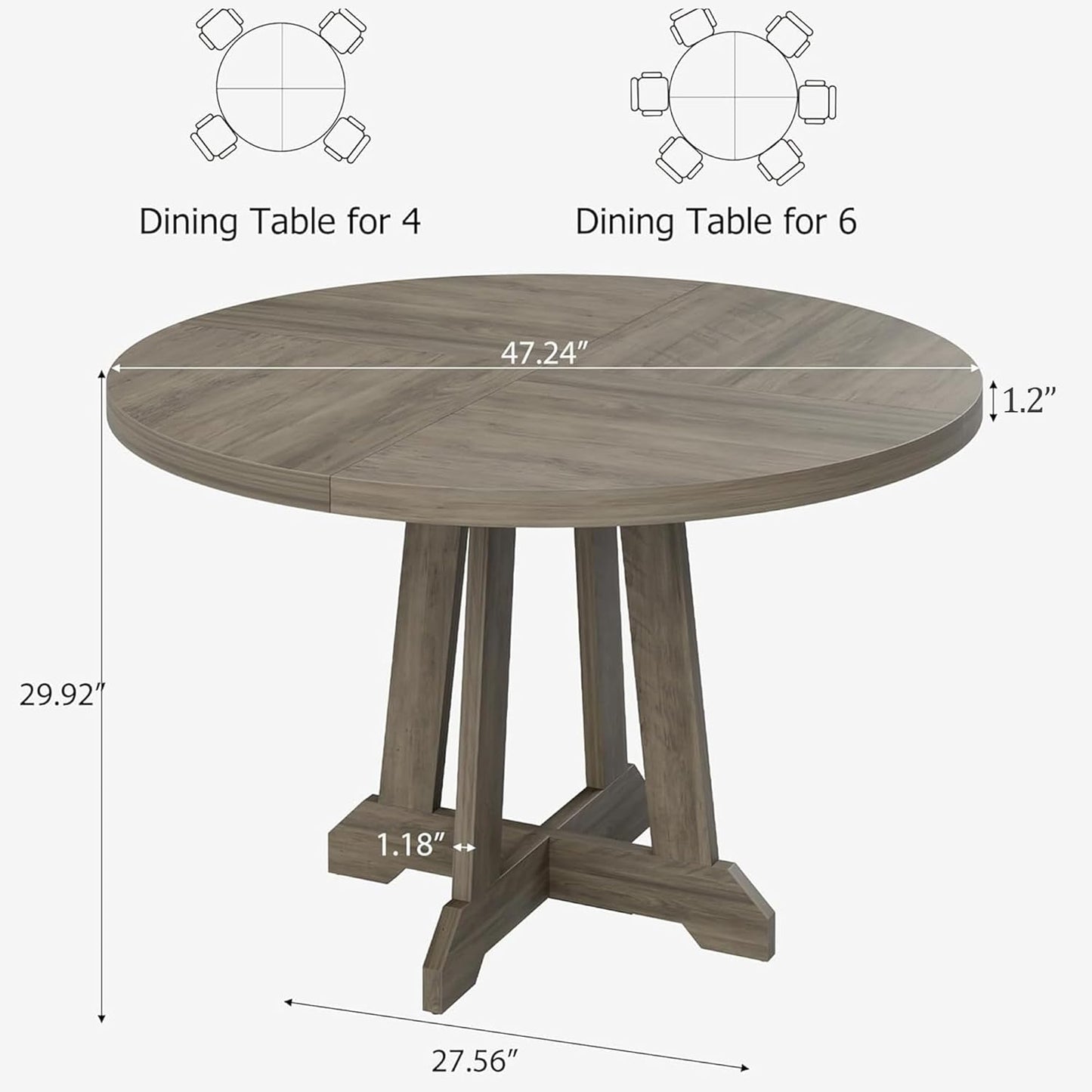 GarveeHome Round Dining Table for 4,Kitchen Dining Room Circle Dinner Pedestal Table,Space Saving Wood Kitchen & Dining Room Furniture,Grey 47-inch Diameter