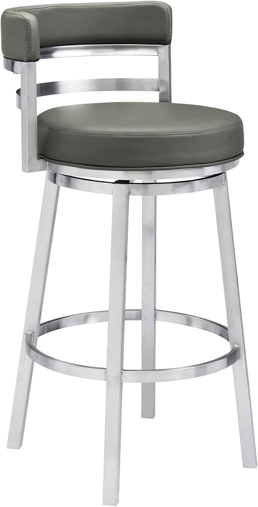 Armen Living Titana 26" Counter Height Swivel Grey Faux Leather and Brushed Stainless Steel Bar Stool