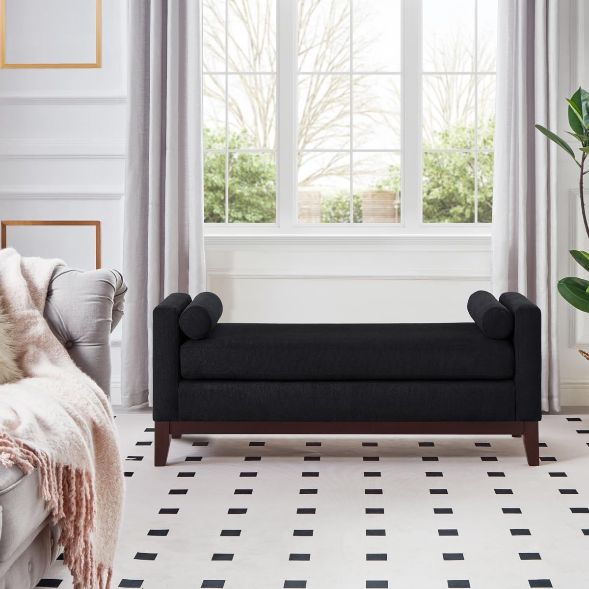 24KF Large Upholstered Boucle Fabric Ottoman with Pillows,Comfort Padded Window Bench for Living Room,Entryway Bench,5095-Black