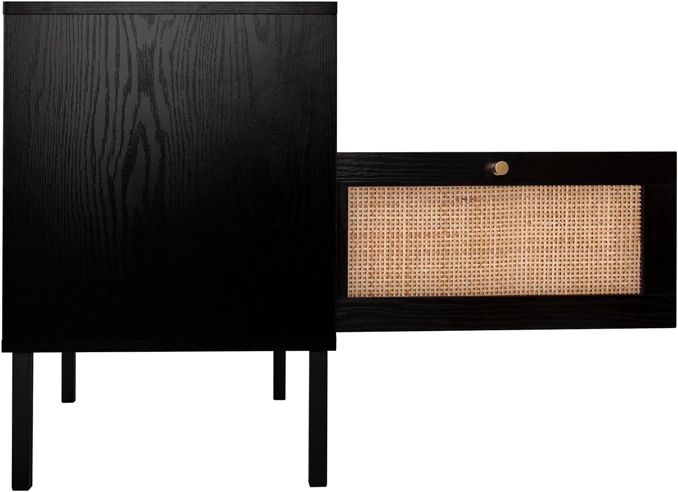 Rattan Night Stand Set 2, Boho Bedside Table Black Nightstand with Rattan Door, Storage Cabinet, Open Storage Space & Sturdy Metal Legs, Accent Bed Side Table, Wood End Tables Bedroom