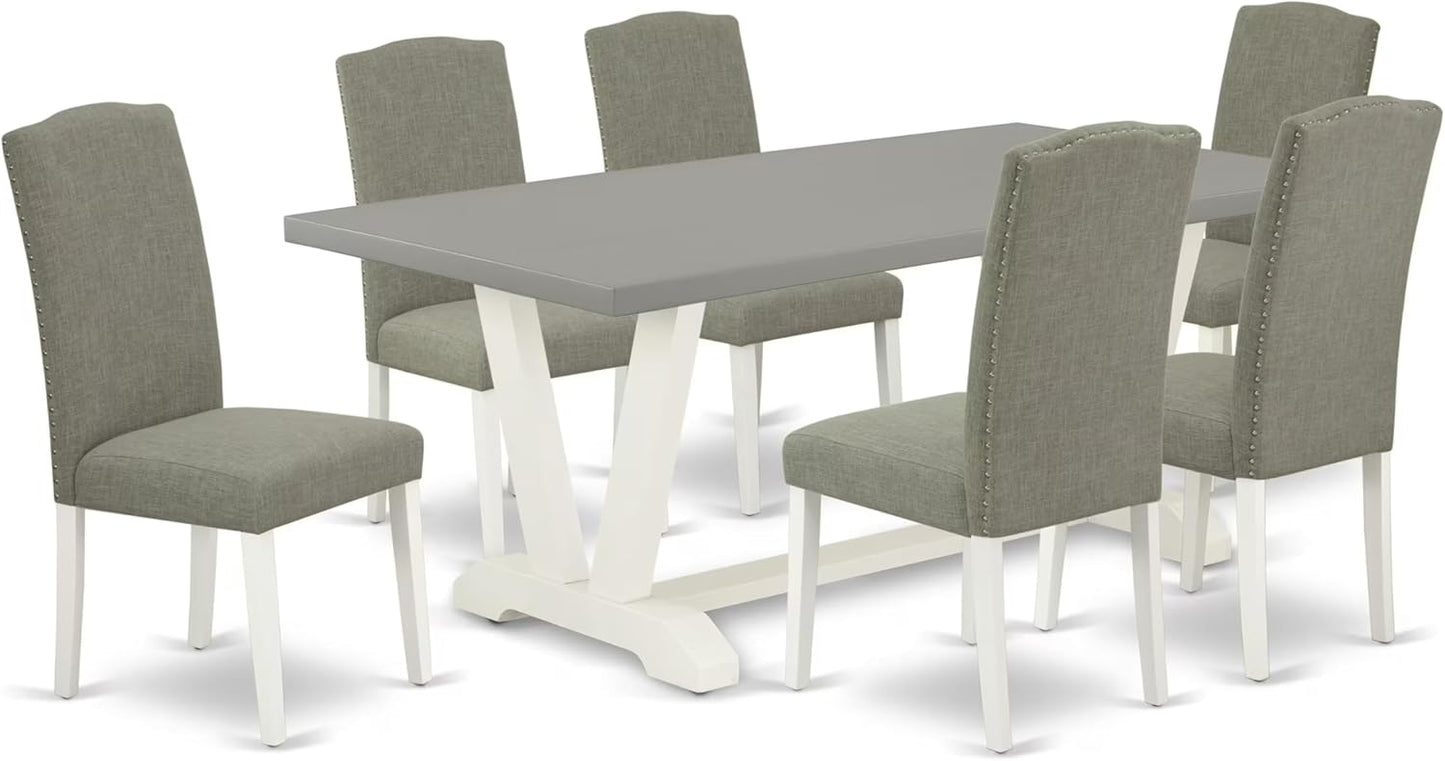 East West Furniture V097EN206-7 7 Piece Modern Dining Table Set Consist of a Rectangle Wooden Table with V-Legs and 6 Dark Shitake Linen Fabric Upholstered Chairs, 40x72 Inch, Multi-Color
