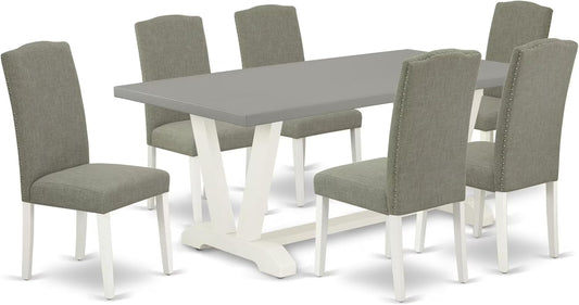 East West Furniture V097EN206-7 7 Piece Modern Dining Table Set Consist of a Rectangle Wooden Table with V-Legs and 6 Dark Shitake Linen Fabric Upholstered Chairs, 40x72 Inch, Multi-Color