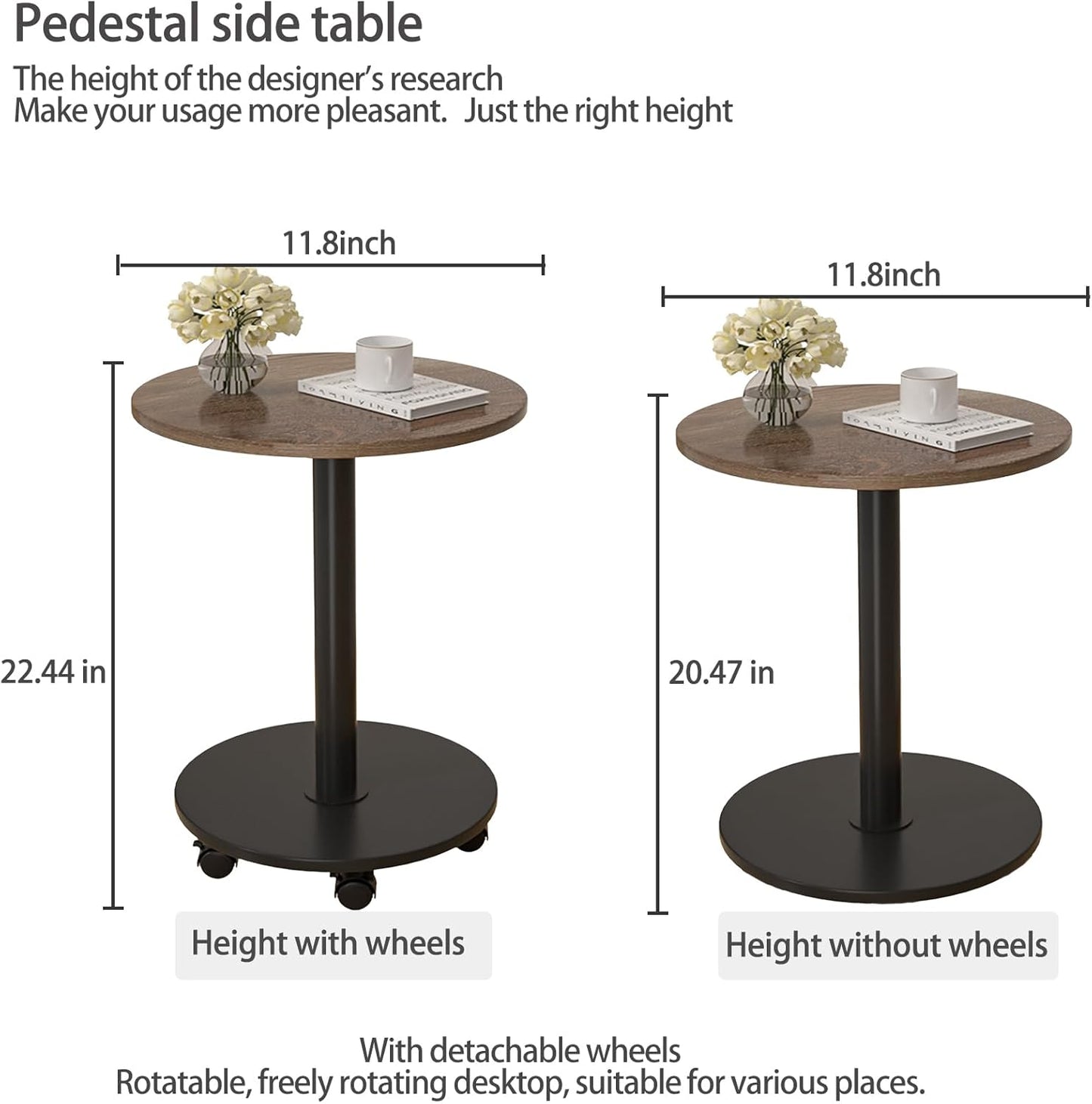 Pedestal with Wheels TV Tray Table, Rotating Couch Tables That Slide Under, Small Side Table for Living Room and Bedroom Sofas, Beds, Mini Coffee Tables, (H) 22.4 *(W) 11.8 (Assembly Required)