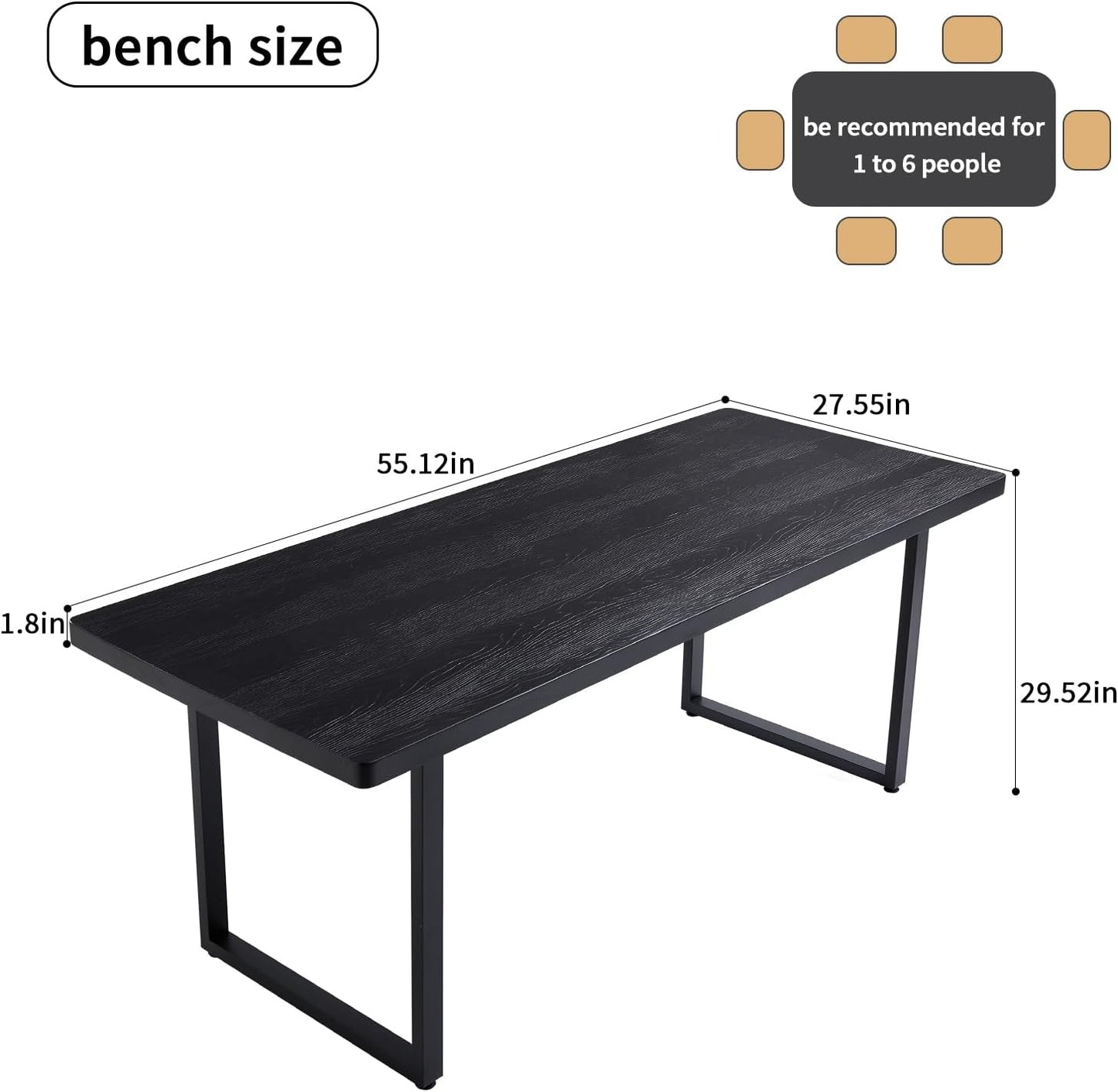 Modern Solid Wood Dining Table with Metal Base Stylish Durable Dining Room Table in Black Multiple Sizes Home Use Office Desk(55.12in)