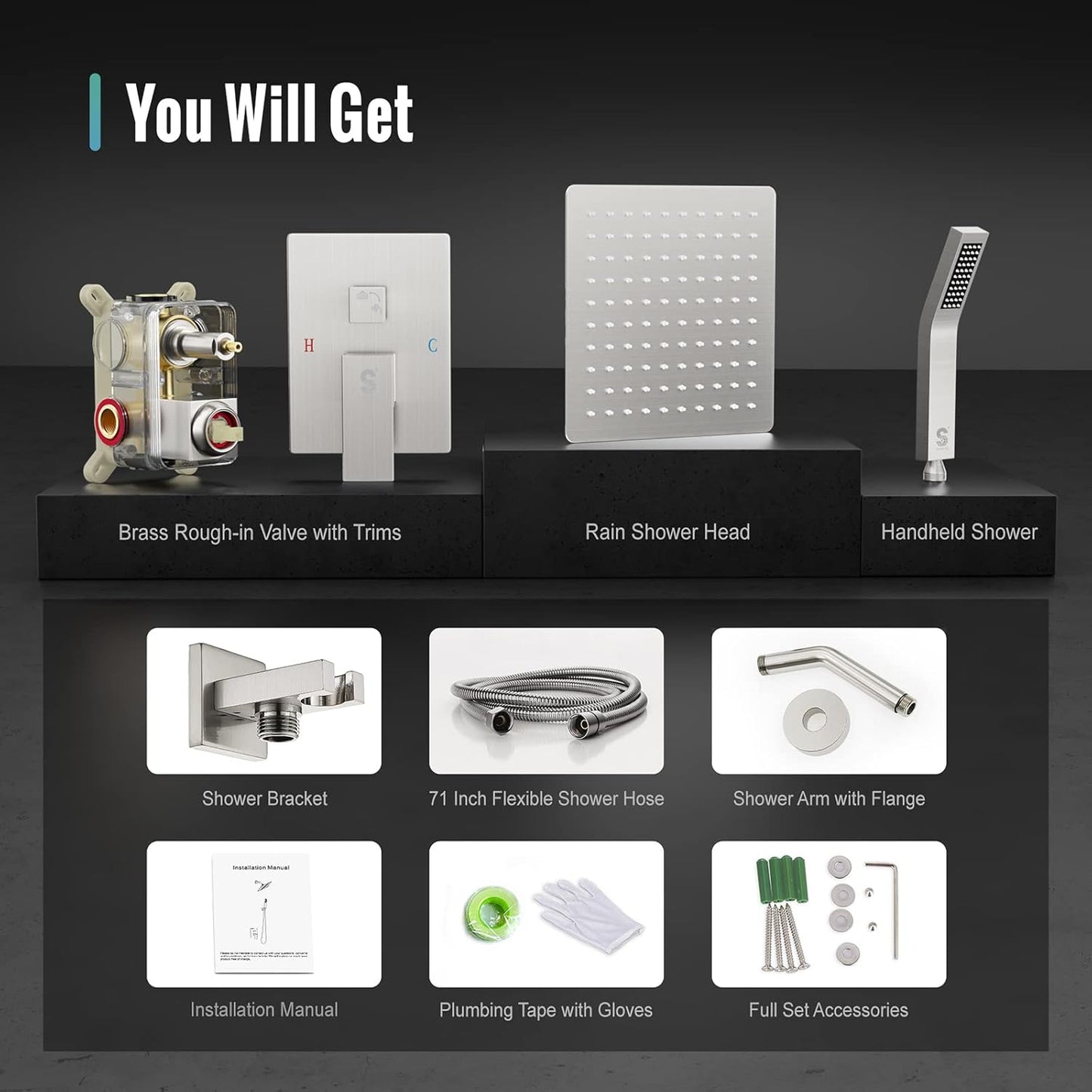 SR SUN RISE Shower Faucet Set - Shower Valve with 8 Inch Rainfall Shower Head and Handheld Shower - Wall Mounted Shower System with Rough In Valve and Shower Faucet Trim Repair Kits - Brushed Nickel