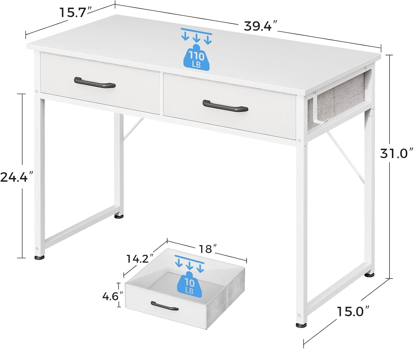 Casaottima 40 Inch Small Office Computer Desk with 2 Drawers & Headphone Hook - Compact Writing Desk for Home Office, Study or Work, Modern Space-Saving Design for Small Spaces, White