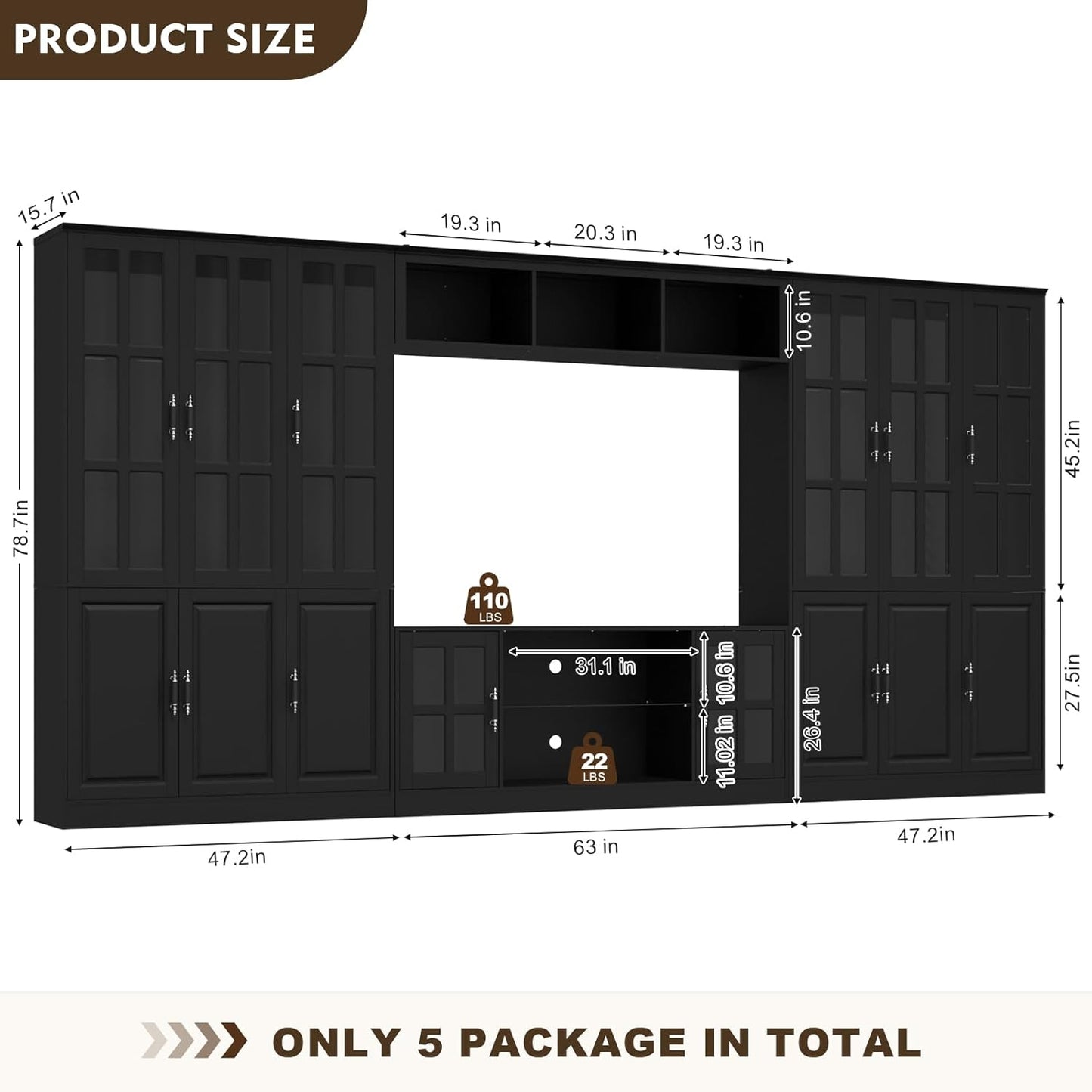 4-Piece Wall Unit TV Stand with Storage & LED Lights for TVs up to 75", Modern Entertainment Center with Bookshelves & 6-Door Pantry Cabinet, Black