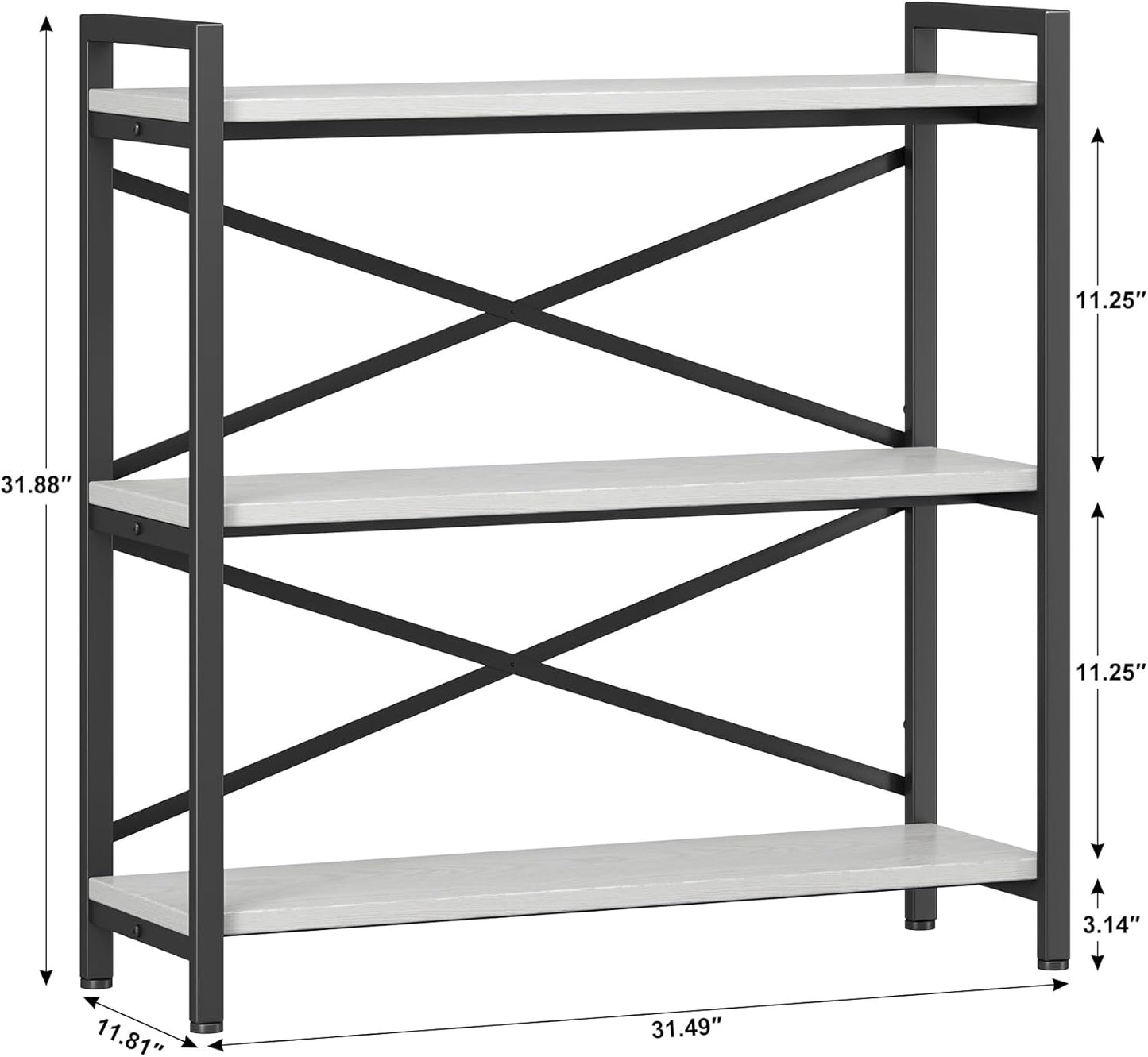 Homeiju 3 Tier Bookshelf 31.49" Width, Wood and Metal Etagere Bookcase, Vintage Farmhouse Modern Wooden Big Book Shelf for Home Living Room Bedroom Office Storage(White)