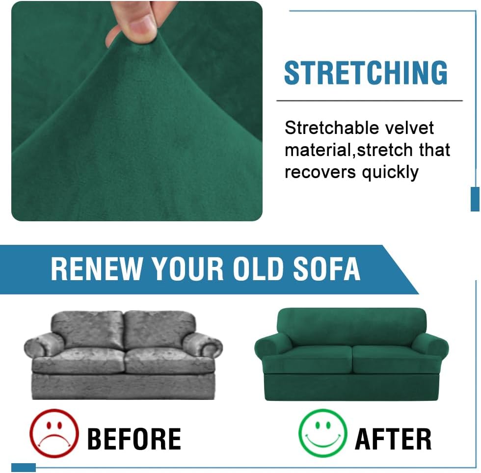H.VERSAILTEX Sofa Cover 3 Piece T Cushion Sofa Slipcovers Thick Velvet Couch Cover Stretch T Cushion Sofa Covers for 2 Cushion Couch with 2 Individual T Cushion Covers, Vintage Green
