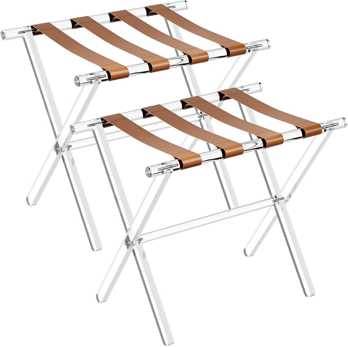 Sumerflos Acrylic Luggage Rack for Guest Room - Foldable Suitcase Stand with Leather Straps for Bedroom Living Room Hotel Heavy-Duty, Holds up to 50-100 lb lightweight Space Saving (Brown & Handle - 2 Pcs)